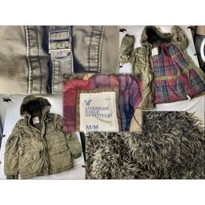 Vintage Y2K American Eagle Faux Fur Hood Parka Coat Men M L Military Zip Flannel